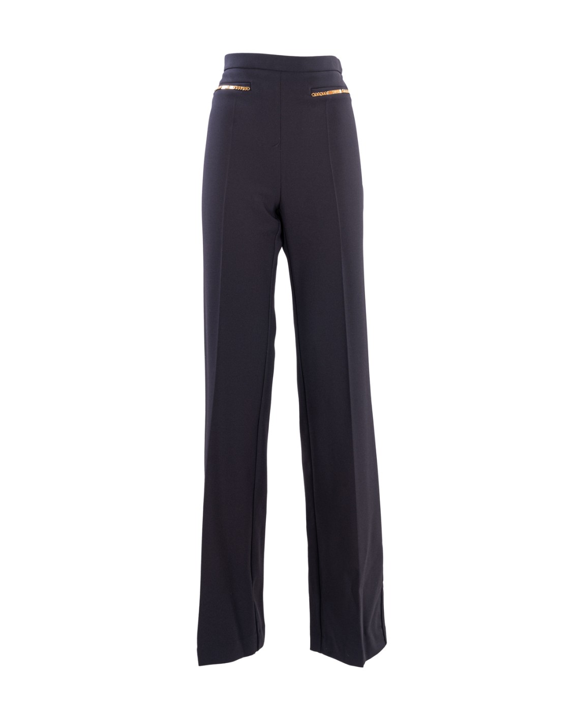 shop ELISABETTA FRANCHI  Pantalone: Elisabetta Franchi pantalone palazzo in crêpe con morsetti.
Pantalone a palazzo con vita alta in doppio crêpe stretch. 
Il punto vita è enfatizzato da una doppia tasca a filetto con morsetti in catena di metallo dorato.
Fodera in raso stampa monogram.
Zip invisibile sul fianco.
Accessorio in metallo dorato.
Composizione: 96% Poliestere 04% Elastane.
Fabbricato in Italia.. PA01436E2-110 number 9813203
